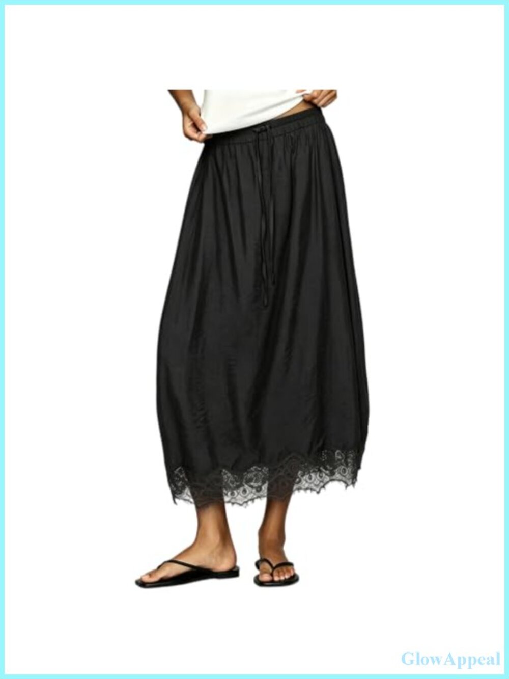 Women Lace Trim Midi Skirt Boho Drawstring Loose Fit Flowy